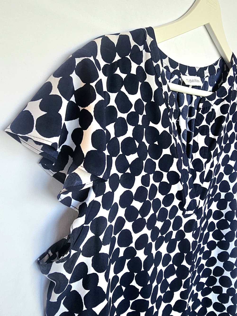Calvin Klein Navy & White Polka Dot Flutter Sleeve Blouse
